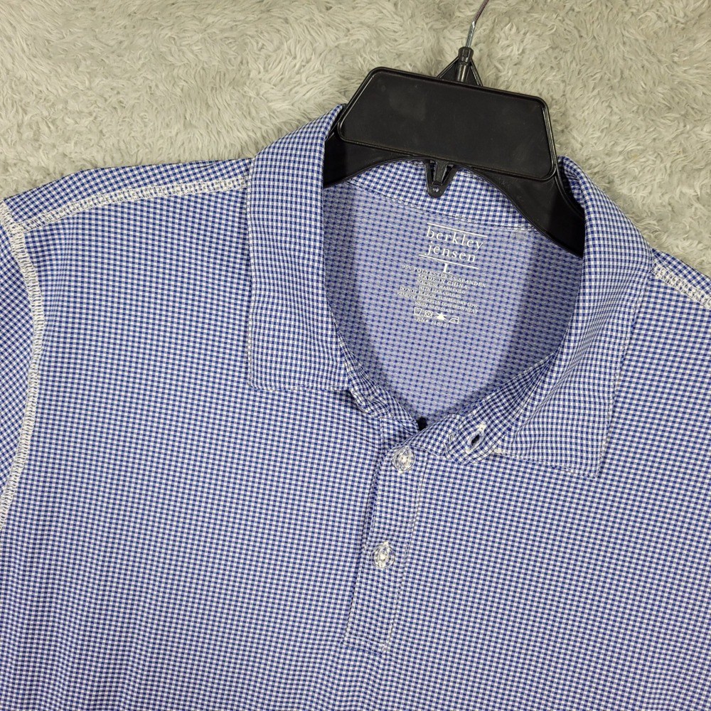 Berkley Jensen Polo Shirt Mens Large Blue Gingham Check Short Sleeve Performance